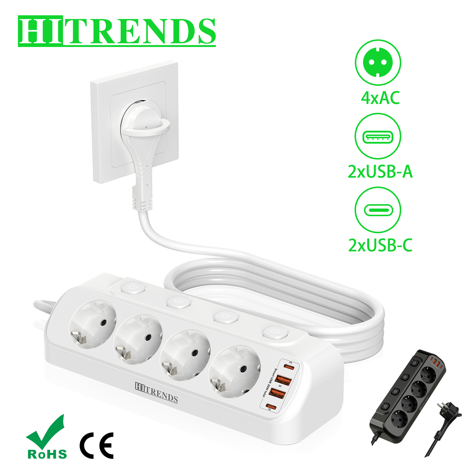 Power Strip Flat - Multiprise de bureau européenne multi-contact, multiprise