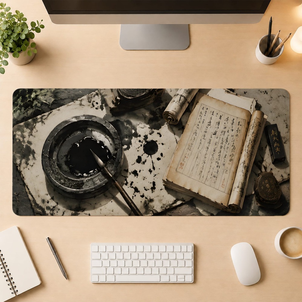 Desk Setup Simple - Calligraphie chinoise rétro, base antidérapante, accessoires